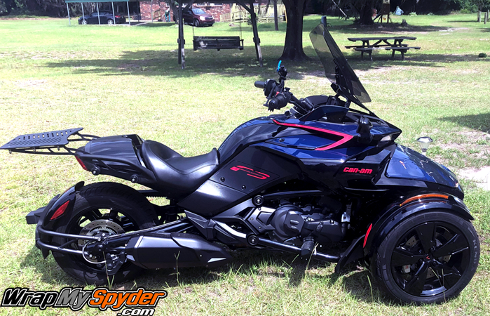 BRP-Can-am-Spyder-F3-Knee-Panel-Carbon-Fiber-textured-Black-Boomerang-side-panel-insert-and-Can-am-Overlay-text-in-Red