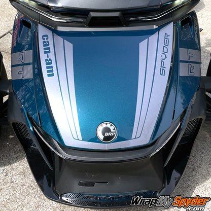 BRP-Can-am-Spyder-RT-2020+-Tri-wing-frunk-racing-stripe-with-text-cutout-shown-in-Charcoal-Racite-color-with-hash-mark-and-fender-tops