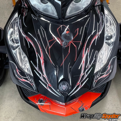 Black-Widow-Crawler-Red-Legs-kit-on-2010-2019-Spyder-RT-frunk-along-with-Barbwire-Lightning-Red