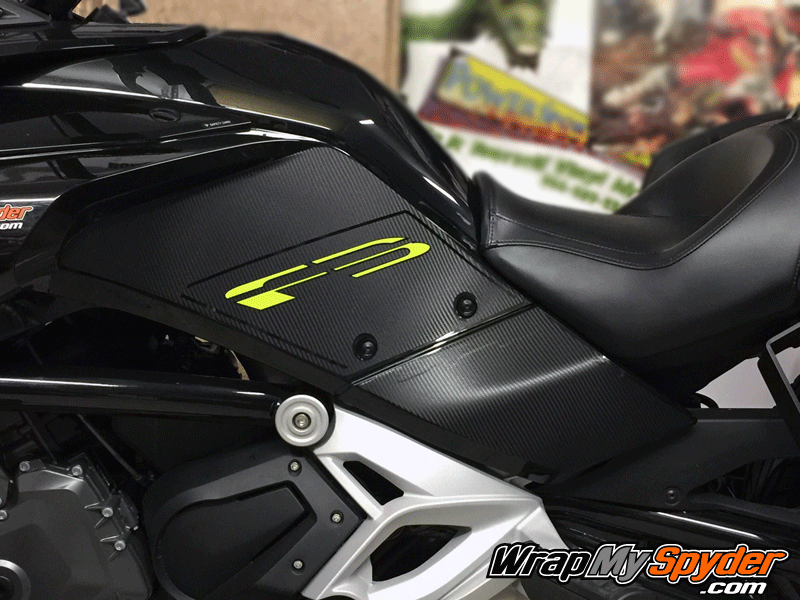 Textured carbon fiber with optional lime green text cutout for F3 Spyder.