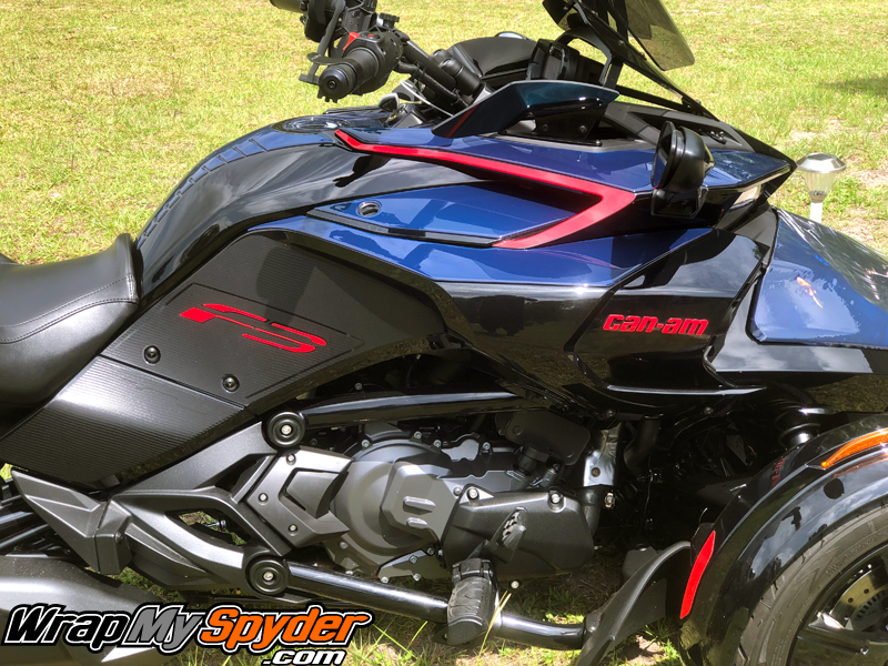 Can-am-Spyder-F3-Knee-Panel-Carbon-Fiber-textured-Black-Boomerang-side-panel-insert-and-Can-am-Overlay-text-in-Red