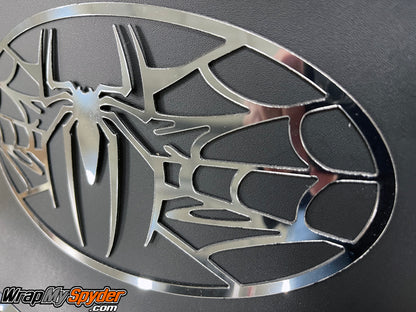 Chrome Oval Spider with web emblem laser cut PVC. Peel and stick to apply.