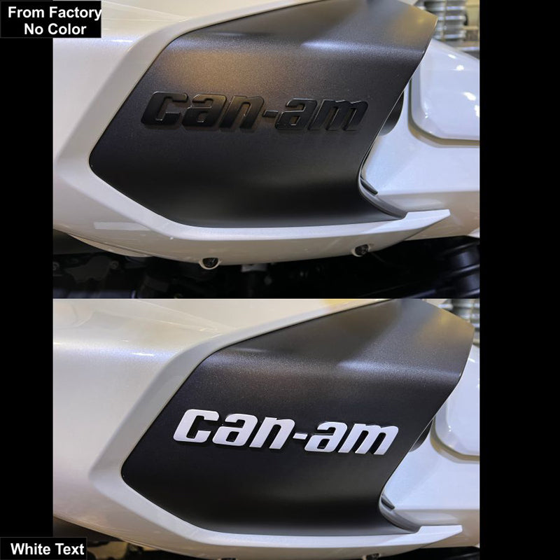 Can-am Spyder F3 Side Panel Text in White over lays on top of OEM 3D emblem text to create a custom look just for your bike.