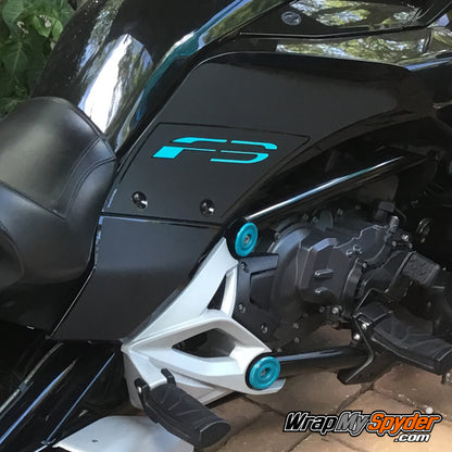 F3 knee panel cutout Textured Carbon Fiber with teal F3 text