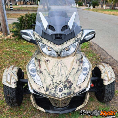BRP Can-am Spyder RT 2010-2019 Spider webs and skulls pre-cut wrap kit called Widows Dinner. Easy peel and stick with no trimming. Produced on transparent film.