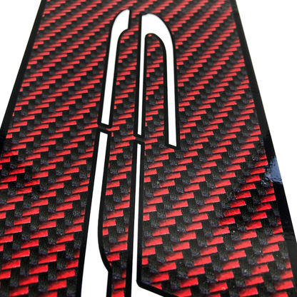 BRP Can-am Spyder F3 Le-Blanc-Red-Black-carbon-fiber- close up of F3 logo