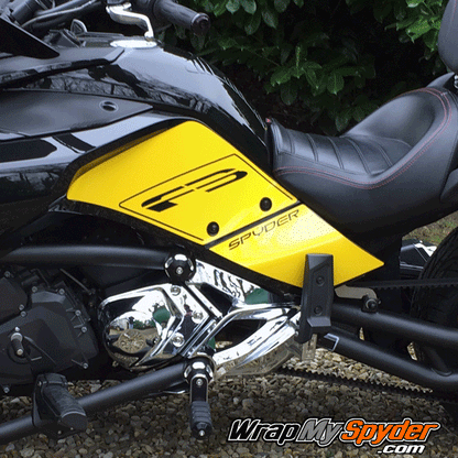 Spyder text placed over top of lower knee panel kit for Spyder F3