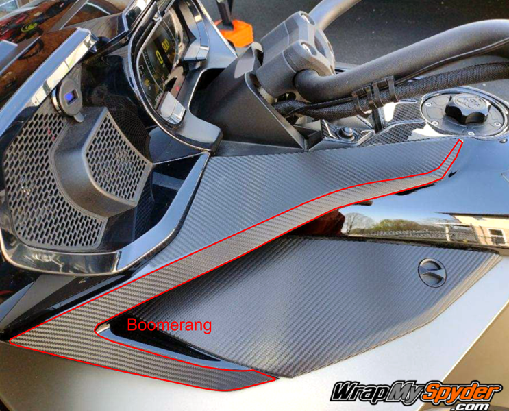 Can-am Spyder F3-Limited-Touring-Boomerang side panel insert shown in textured carbon fiber black.