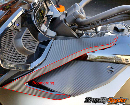 Can-am Spyder F3-Limited-Touring-Boomerang side panel insert shown in textured carbon fiber black.