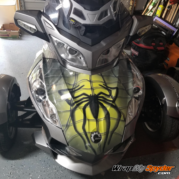 BRP Can-am Spyder full frunk wrap spidy-on-web-Yellow mounted on Spyder RT. This wrap covers the complete frunk