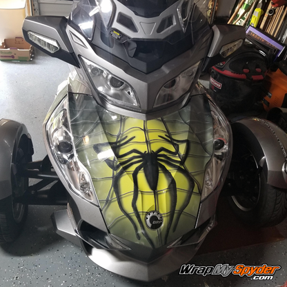 BRP Can-am Spyder full frunk wrap spidy-on-web-Yellow mounted on Spyder RT. This wrap covers the complete frunk