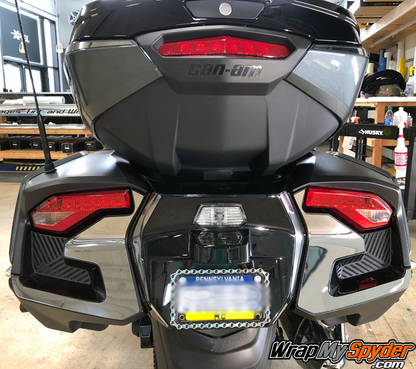 2020 BRP Spyder-RT-Chrome-License-plate-insert kit. Shown with optional Tail Light kit. Tail light kit sold separately.