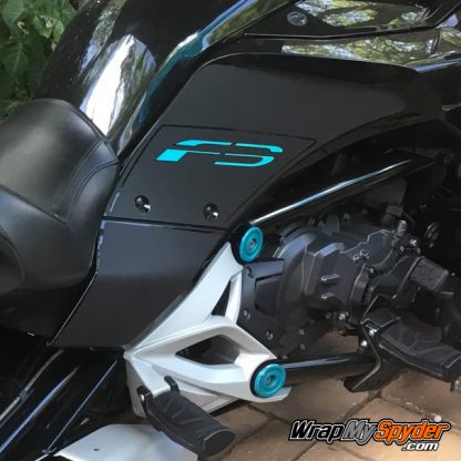 F3 knee panel cutout Textured Carbon Fiber with teal F3 text