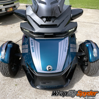 BRP-Can-am-Spyder-Tri-wing-frunk-racing-stripe-with-text-cutout-shown-in-Charcoal-Racite-color-with-hash-mark-and-fender-tops